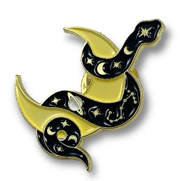 Gold enamel galaxy snake on a crescent moon pin - Picture 6 of 8